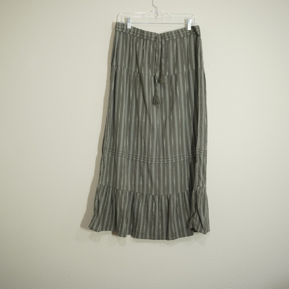 J. Jill Size Medium Tall Maxi Skirt Green Boho Gauzy Cotton Tiered Ikat Stripe